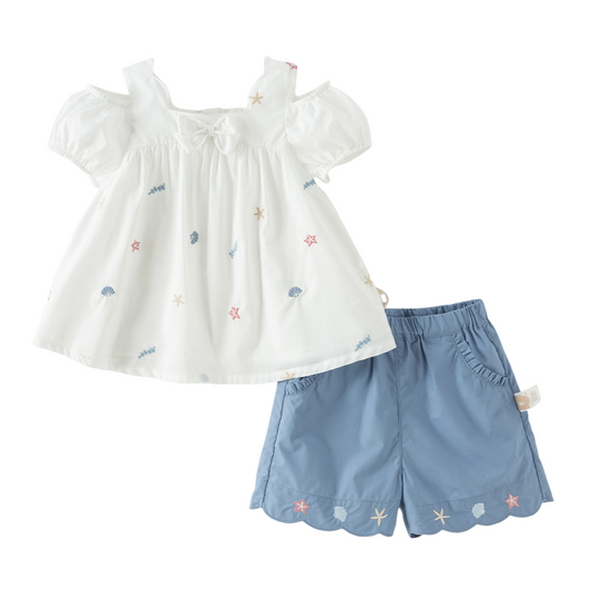Dave&Bella Summer Toddler Girls White Elegant Soft Cotton Casual Outfit Sets