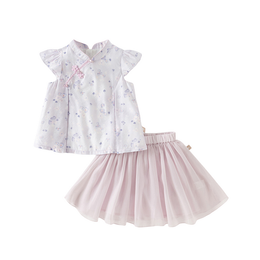 Dave&Bella Summer Toddler Girls Purple Pink Floral Chinese-style Top Mesh Skirt Suits