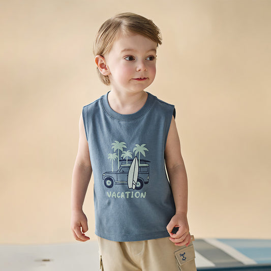 Dave&Bella Summer Toddler Boys Cute Print Blue/Grey Sleeveless Stretchable Tank Tops