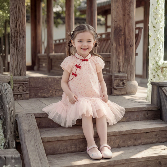 Dave&Bella Summer Toddler Girls Sweet Pink Floral Print Chinese-style Mesh Party Dress