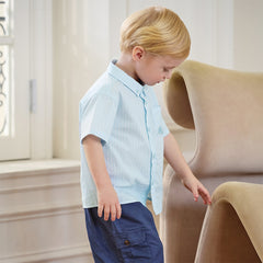 Dave&Bella Summer Toddler Boys Fashion Blue Striped Breathable Cotton College-style Shirts