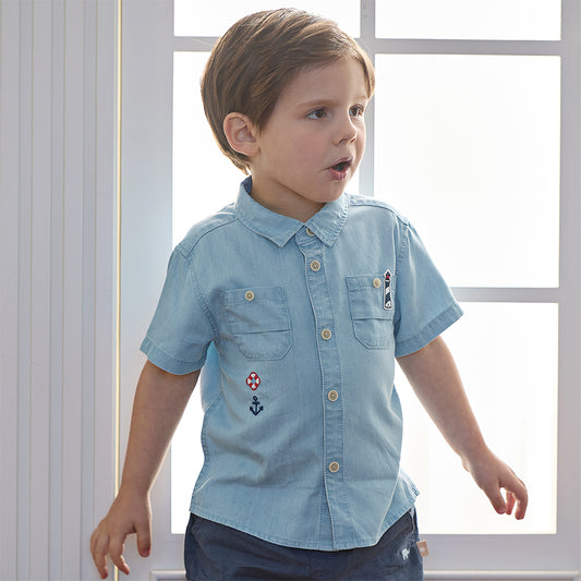 Dave&Bella Toddler Boys Summer Fashion Denim Blue Short Sleeve Casual Versatile Shirts