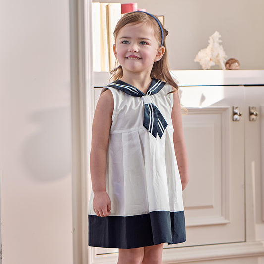 Dave&Bella Summer Toddler Girls White Preppy Soft Sleeveless Naval Collar Dress