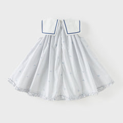 Dave&Bella Summer Toddler Girls Bow Print White Blue Striped Party Soft A-line Dress