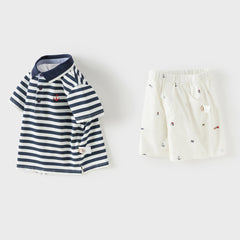 Dave&Bella Toddler Boys Summer College-style Blue White Striped Breathable Outfit Sets