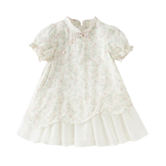 Dave&Bella Toddler Girls Summer Classic Floral White Turtle Chinese-style Mesh Dress