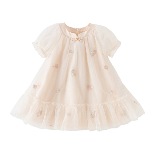 Dave&Bella Toddler Girls Summer Pink/Beige Chinese-style A-line Party Mesh Dress
