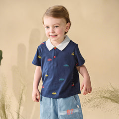 Dave&Bella Summer Toddler Boys Navy Blue Short Sleeve Breathable Cotton Polos