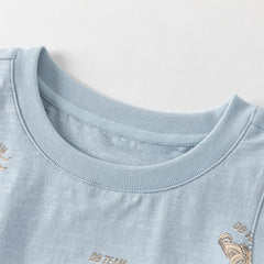 Dave&Bella Toddler Boys Summer White/Blue Print Sleeveless Cotton Versatile Tank Tops