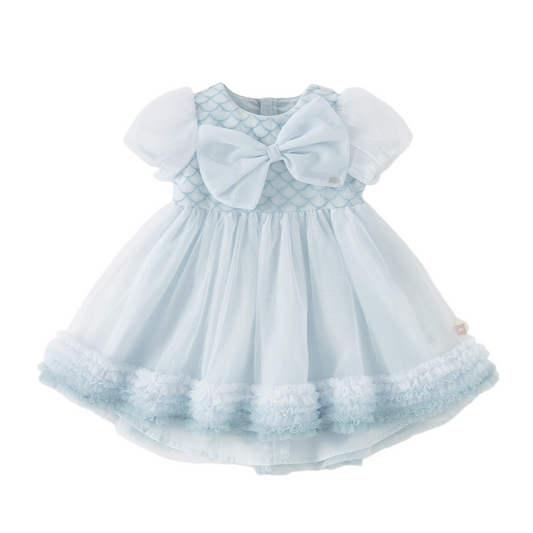 Dave&Bella Summer Toddler Girls Elegant Grey Blue Short Sleeve Lightweight Mesh Dress