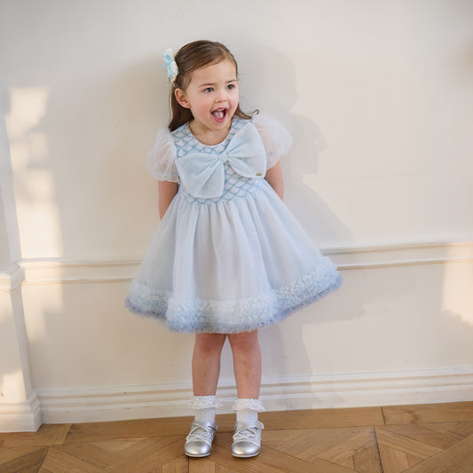 Dave&Bella Summer Toddler Girls Elegant Grey Blue Short Sleeve Lightweight Mesh Dress