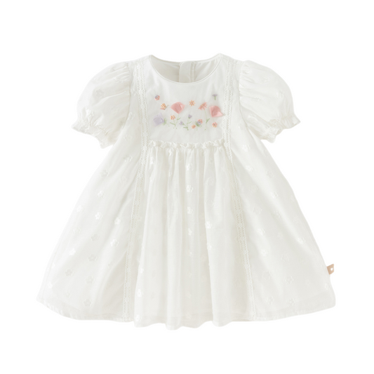 Dave&Bella Summer Toddler Girls Beige Adorable Flower Embroidery Mesh Princess Dress