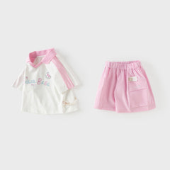 Dave&Bella Summer Toddler Girls Pink Breathable Cartoon Print Sports Outfit Sets