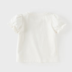 Dave&Bella Summer Toddler Girls Beige Bubble Sleeve Print Soft T-shirts