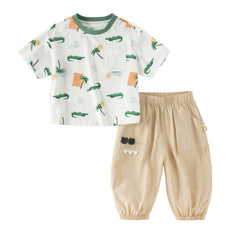 Dave&Bella Toddler Boys Summer Playful Crocodile Print Short Sleeve Top Long Pant Suits