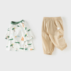 Dave&Bella Toddler Boys Summer Playful Crocodile Print Short Sleeve Top Long Pant Suits