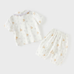 Dave&Bella Toddler Girls Summer Beige Print Cute Doll Collar Soft Comfortable Pajamas