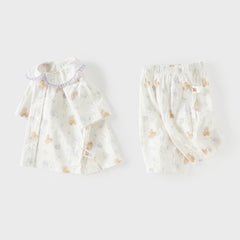 Dave&Bella Toddler Girls Summer Beige Print Cute Doll Collar Soft Comfortable Pajamas