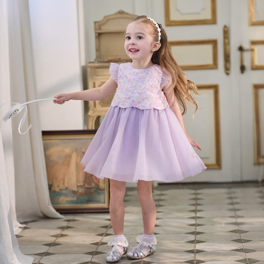 Dave&Bella Summer Toddler Girls Roland Purple Flutter Sleeve Soft Mesh Princess Dress