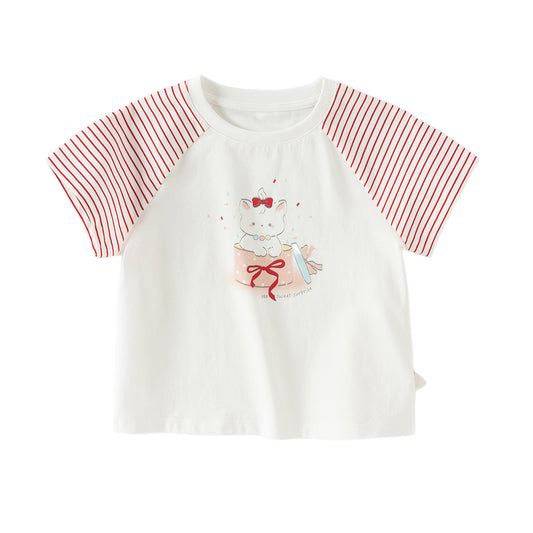Dave&Bella Summer Toddler Girls Stylish Red Striped Short Sleeve Versatile T-shirts