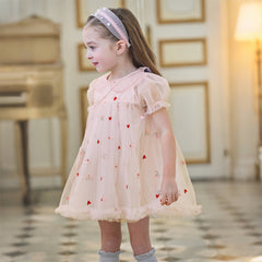 Dave&Bella Toddler Girls Summer Cute Pink Love Print Lightweight Mesh Dress(wallet bag)