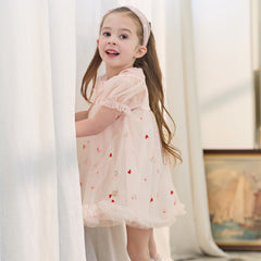 Dave&Bella Toddler Girls Summer Cute Pink Love Print Lightweight Mesh Dress(wallet bag)