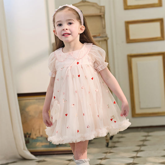 Dave&Bella Toddler Girls Summer Cute Pink Love Print Lightweight Mesh Dress(wallet bag)