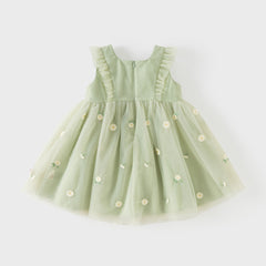 Dave&Bella Summer Toddler Girls Green Flower Embroidery Mesh Spaghetti Strap Dress