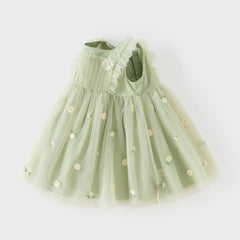 Dave&Bella Summer Toddler Girls Green Flower Embroidery Mesh Spaghetti Strap Dress
