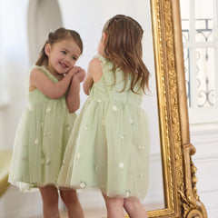 Dave&Bella Summer Toddler Girls Green Flower Embroidery Mesh Spaghetti Strap Dress