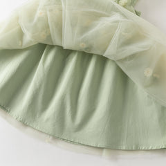 Dave&Bella Summer Toddler Girls Green Flower Embroidery Mesh Spaghetti Strap Dress