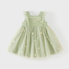 Dave&Bella Summer Toddler Girls Green Flower Embroidery Mesh Spaghetti Strap Dress