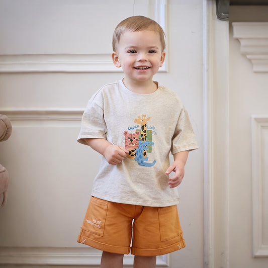 Dave&Bella Summer Toddler Boys Casual Apricot Animal Print Stretchable Top Shorts Sets