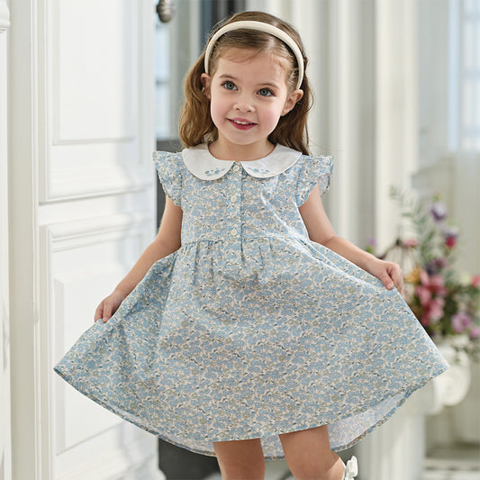 Dave&Bella Toddler Girls Summer Grey Blue Floral Flutter Sleeve Cotton Soft Daily Dress