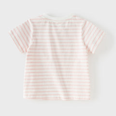 Dave&Bella Toddler Girls Summer Adorable Pink Striped Rabbit Print Cotton Casual T-shirts