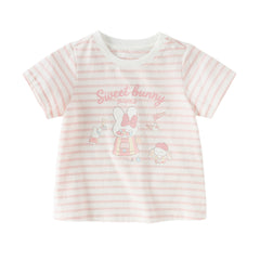 Dave&Bella Toddler Girls Summer Adorable Pink Striped Rabbit Print Cotton Casual T-shirts