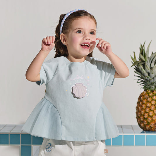 Dave&Bella Summer Toddlers Girls Blue Short Sleeve Stylish Soft Embroidery T-shirts