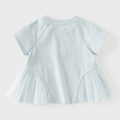 Dave&Bella Summer Toddler Girls Blue Short Sleeve Stylish Soft Embroidery T-shirts