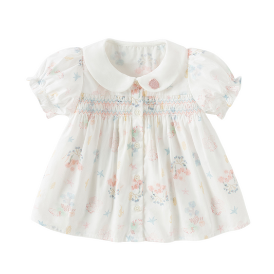 Dave&Bella Summer Toddler Girls Cute Sea World Print White Doll Collar Soft Cotton Shirts