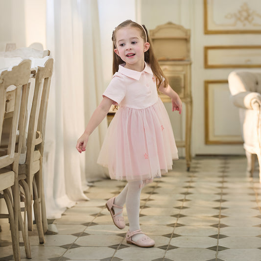Dave&Bella Summer Toddler Girls Sweet Pink Polo Collar College-style Mesh Princess Dress