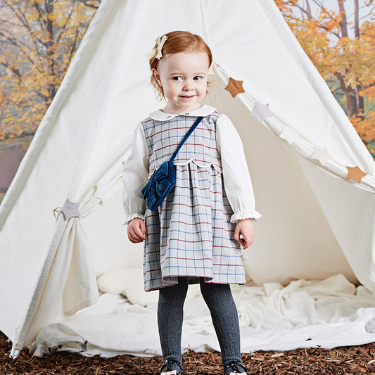 Dave&Bella Toddler Girls Autumn Casual Red Grey Plaid A-line Dress(wallet bag)