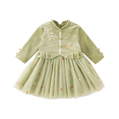 Dave&Bella Toddler Girls Autumn Chinese-style Green Mesh Birthday Dress