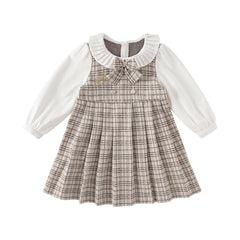 Dave&Bella Toddler Girls Autumn Khaki Plaid Long Sleeve College-style A-line Dress
