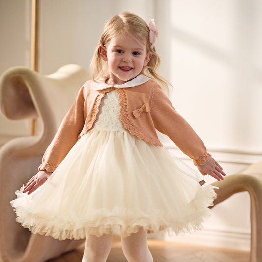 Dave&Bella Toddler Girls Autumn Charming Orange Pink Knit Sweater Mesh A-line Dress