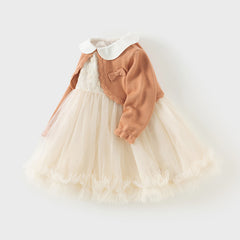 Dave&Bella Toddler Girls Autumn Charming Orange Pink Knit Sweater Mesh A-line Dress