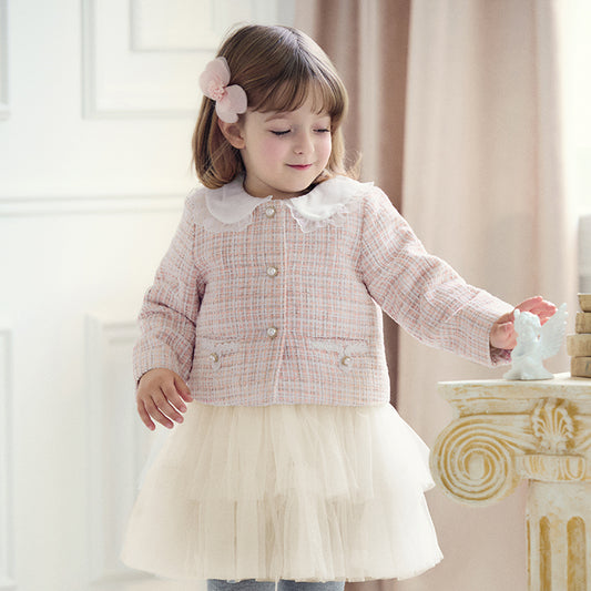 Dave&Bella Toddler Girls Autumn Elegance Light Pink Coat A-line Mesh Dress Set