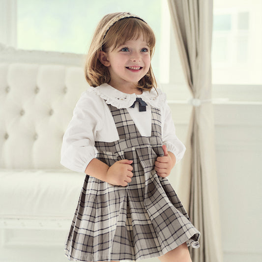 Dave&Bella Toddler Girls Autumn Breathable Cotton Grey White Plaid Party Dress