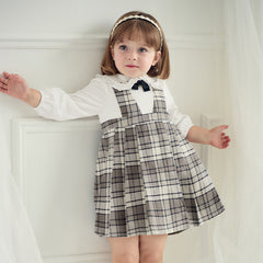 Dave&Bella Toddler Girls Autumn Breathable Cotton Grey White Plaid Party Dress