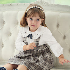 Dave&Bella Toddler Girls Autumn Breathable Cotton Grey White Plaid Party Dress