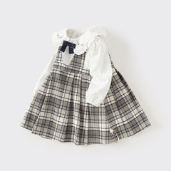 Dave&Bella Toddler Girls Autumn Breathable Cotton Grey White Plaid Party Dress